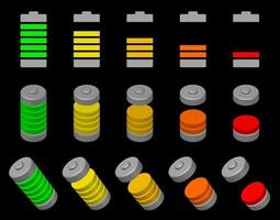 Vector battery icon set. Collection of colorful rechargeable accumulator Lithium battery. 3D rendering, isometric illustration. Isolated on black background.