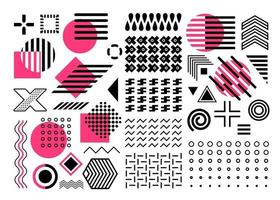 Memphis vector set, pink, purple, black geometric shape collection, abstract shapes, circles, zigzags, lines, waves, isolated on white background, design elements, seamless patterns