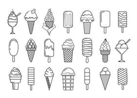 conjunto de ilustración de helado vectorial, colección de helados de contorno fino negro, aislado sobre fondo blanco, para sus proyectos de diseño como, símbolos, logotipos, letreros, etiquetas, folletos, pancartas vector