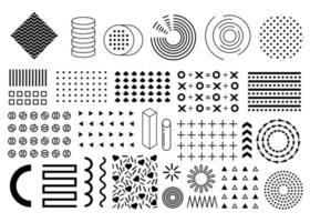 Vector memphis set, collection of flat design elements, circles, pluses, arrows, triangles, patterns set, squares. Vintage memphis elements, different shape funky graphic silhouette 90s