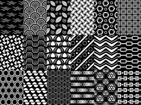 Vector conjunto de patrones sin fisuras en blanco y negro, colección de patrones monocromáticos geométricos, para sus proyectos de diseño como papel tapiz, textil, tela, envoltura, diseño de portada