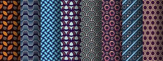 Vector colorful seamless pattern set, collection of repeating geometric element patterns, wallpaper, background collection, leaves, hexagonal, waves circles textile templates