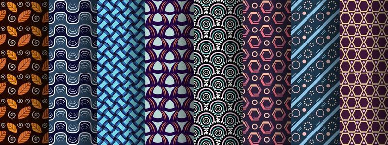 Vector colorful seamless pattern set, collection of repeating geometric element patterns, wallpaper, background collection, leaves, hexagonal, waves circles textile templates