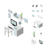 juego de muebles de mesa de trabajo. silla, mesa, computadora, teclado, marco, libros, estantería y planta. vector de dibujo isométrico.