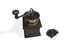 The wooden coffee grinder with coffee beans isolated on white background. The view from above photo