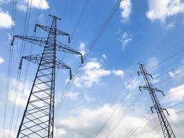 The power line. High voltage pole and blue sky on the background. Bottom view photo