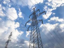 The power line. High voltage pole and blue sky on the background. Bottom view photo