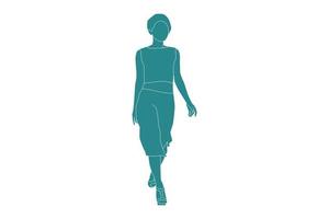 Vector illustration of casual woman walking on the catwalk, Flat style with outline