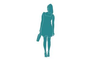 Vector illustration of elegant woman posing looks from behind, Flat style with outline