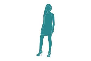 Vector illustration of elegant woman posing in dress, Flat style with outline