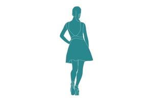 Ilustración vectorial de mujer elegante posando mira desde atrás, estilo plano con contorno vector