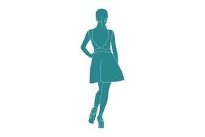 Ilustración vectorial de mujer elegante posando mira desde atrás, estilo plano con contorno vector