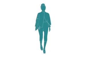 Ilustración vectorial de mujer de moda caminando por la calle lateral, estilo plano con contorno vector