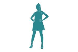 Vector illustration of elegant woman posing in dress, Flat style with outline