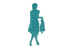 Vector illustration of fashionable woman posing on the catwalk, Flat style with outline
