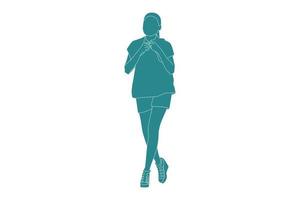 Ilustración vectorial de mujer casual caminando con pantalones calientes, estilo plano con contorno vector