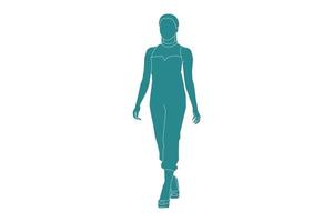 Ilustración de vector de mujer casual caminando por la calle lateral, estilo plano con contorno.