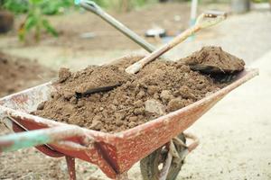 Closeup pile of soil on the steel shovels in the wheelbarrow photo