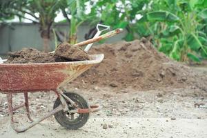 Closeup steel cart carrying the soil with shovels with blurred pile of soil and landscape in background photo