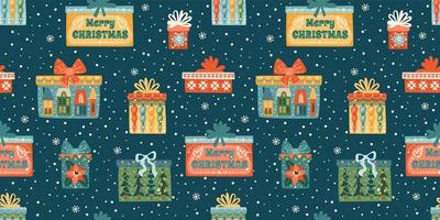 Christmas and Happy New Year seamless pattern with gift boxes. Vector design template.