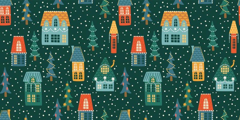 Christmas and Happy New Year seamless pattern. City, houses, Christmas trees, snow. New Year symbols.