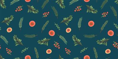 Christmas and Happy New Year seamless pattern. Christmas tree, flowers, berries. New Year symbols. vector