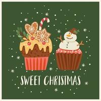 Christmas and Happy New Year illustration with christmas sweets. Vector design template.