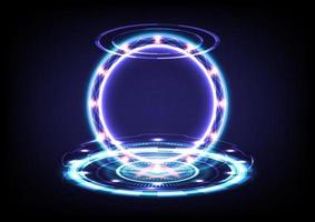 Abstract background. Portal and hologram science futuristic. Sci-fi digital hi-tech in glowing HUD circut. Magic gate in game fantasy. Circle teleport podium. GUI and UI interface. VR and MR projector vector