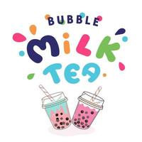 diseño de promociones especiales de bubble milk tea, boba milk tea, pearl milk tea, deliciosas bebidas, cafés y refrescos con logo y banner publicitario estilo doodle. ilustración vectorial. vector