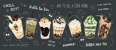 Bubble milk tea Special Promotions design, Boba milk tea, Pearl milk tea , Yummy drinks, coffees and soft drinks with logo and cute funny doodle style advertisement banner. Vector illustration.