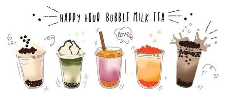 colección de diseño de té con leche de burbujas, té con leche perla, té con leche boba, deliciosas bebidas, cafés con banner estilo doodle, ilustración vectorial. vector