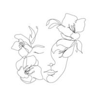 Women and flowers line art. Girl with flowers and leaves one line vector drawing. Portrait continuous line art drawing for prints, tattoos, cosmetics, fashion, Beauty salon and wall home decoration.