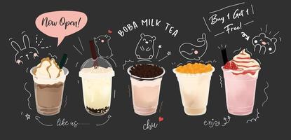 diseño de promociones especiales de bubble milk tea, boba milk tea, pearl milk tea, deliciosas bebidas, cafés y refrescos con logo y un lindo y divertido banner publicitario estilo doodle. ilustración vectorial.