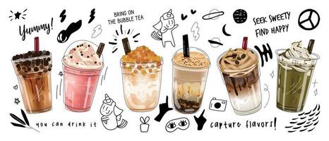 diseño de promociones especiales de bubble milk tea, boba milk tea, pearl milk tea, deliciosas bebidas, cafés y refrescos con logo y un lindo y divertido banner publicitario estilo doodle. ilustración vectorial.