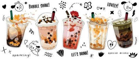 Bubble milk tea Special Promotions design, Boba milk tea, Pearl milk tea , Yummy drinks, coffees and soft drinks with logo and cute funny doodle style advertisement banner. Vector illustration.