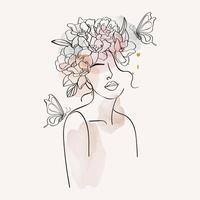 arte lineal de mujeres y flores. niña con flores y hojas de dibujo vectorial de una línea. Retrato de dibujo de arte de línea continua para impresiones, tatuajes, cosméticos, moda, salón de belleza y decoración del hogar. vector