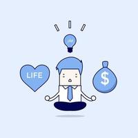 Businessman meditation balance between ideas, money and life. Cartoon character thin line style vector. vector