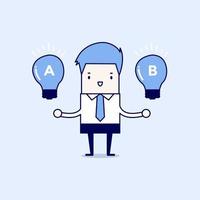 Businessman compares idea A to idea B. Cartoon character thin line style vector. vector
