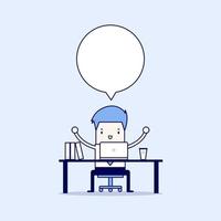 Businessman who sits at the table in front of the computer and about something thought. Cartoon character thin line style vector. vector