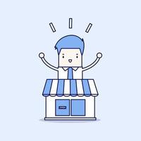 Businessman standing behind the shop. Cartoon character thin line style vector. vector