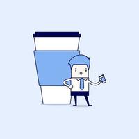 Businessman has coffee break. Cartoon character thin line style vector. vector