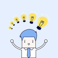 Businessman with different size of idea bulbs. Cartoon character thin line style vector. vector