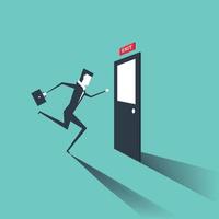 Businessman run to exit door. Businessman is running from work. Evacuation sing. vector