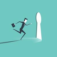 Businessman entering keyhole. Businessman running towards a key hole. vector