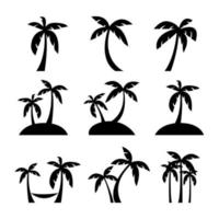 Set of coconut or palm trees with islands silhouette icon. vector