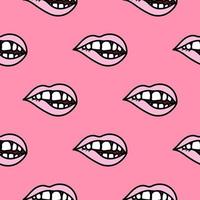 Pink lips biting doodle seamless pattern background. vector