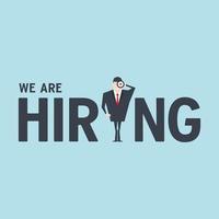 We're hiring concept with business man looking through telescope. vector