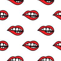 Red lips biting doodle seamless pattern background. vector