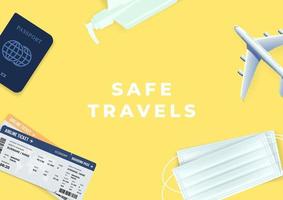 pasaporte, boleto, gel de alcohol y mascarilla para regresar a viajar sobre fondo amarillo. turismo seguro viaja en vacaciones. vector