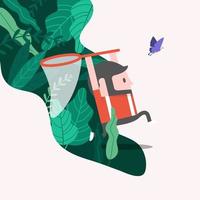 The man is running out of the forest to catch a butterfly with a net. Catching butterflies and leisure time concept. vector